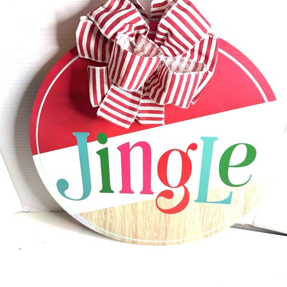 Red And White Jingle Holiday Floral Bow Wooden Door Hanger Christmas Home Decor - Picture 4 of 4